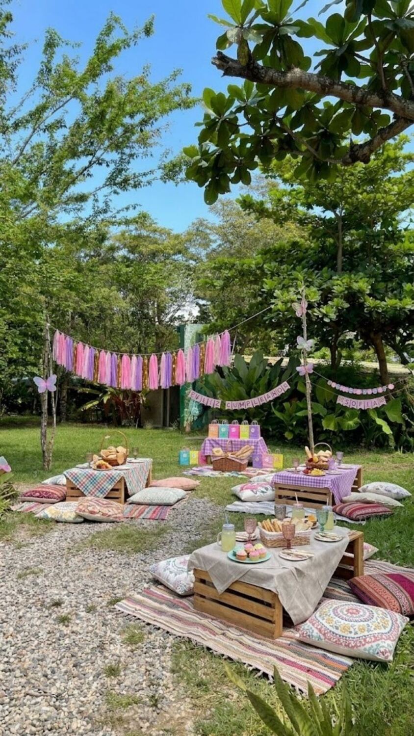 Picnic decorado sobre el césped: mesas bajas de huacal con manteles de cuadros, cojines en el suelo, guirnaldas de flecos rosados y un cartel de feliz cumpleaños colgado entre dos árboles.