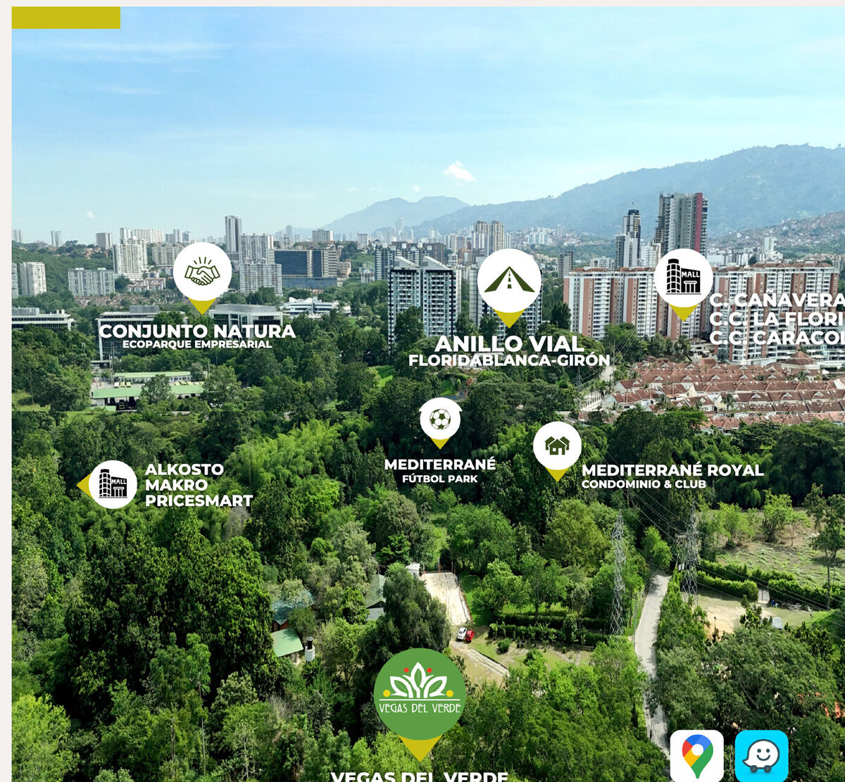 Vista aérea del sector: Vegas del Verde señalado entre los árboles, con las referencias cercanas marcadas — Conjunto Natura, Anillo Vial Floridablanca-Girón, Alkosto, Makro, PriceSmart, Mediterráneo Fútbol Park, Mediterráneo Royal y los centros comerciales Cañaveral, La Florida y Caracolí, con Bucaramanga y la cordillera al fondo.