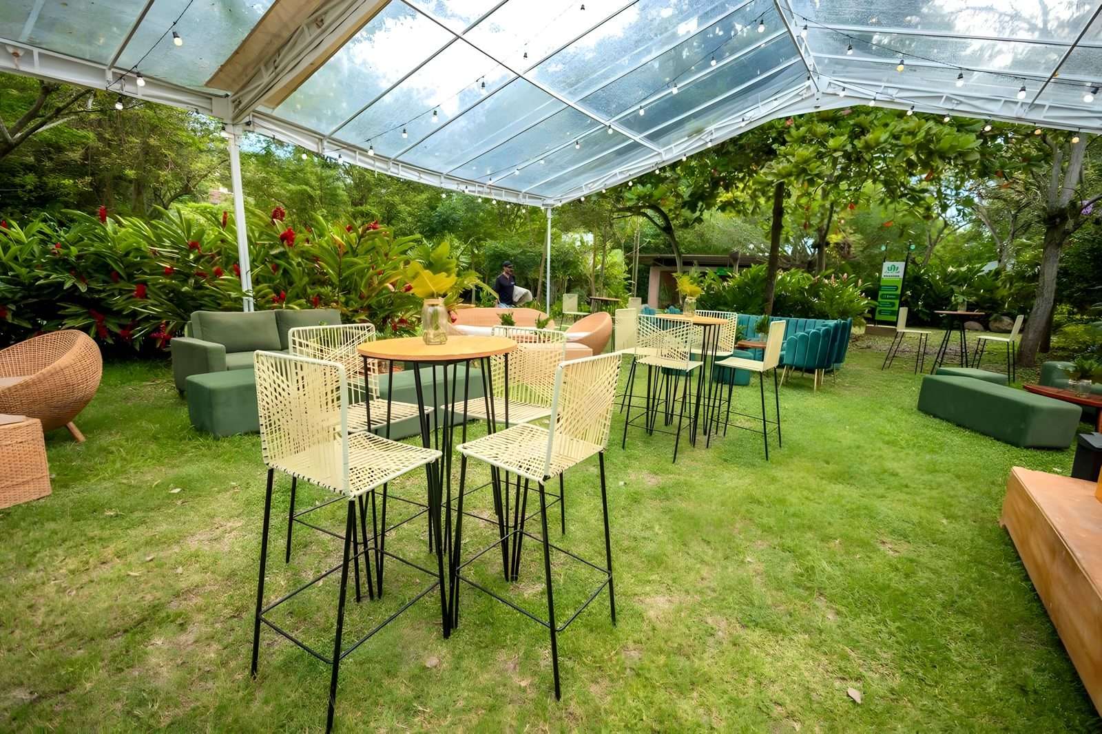 Carpa de techo transparente sobre el césped: mesas altas de madera natural con sillas de mimbre crema y sofás de terciopelo verde y turquesa alrededor, montada para un evento de empresa.