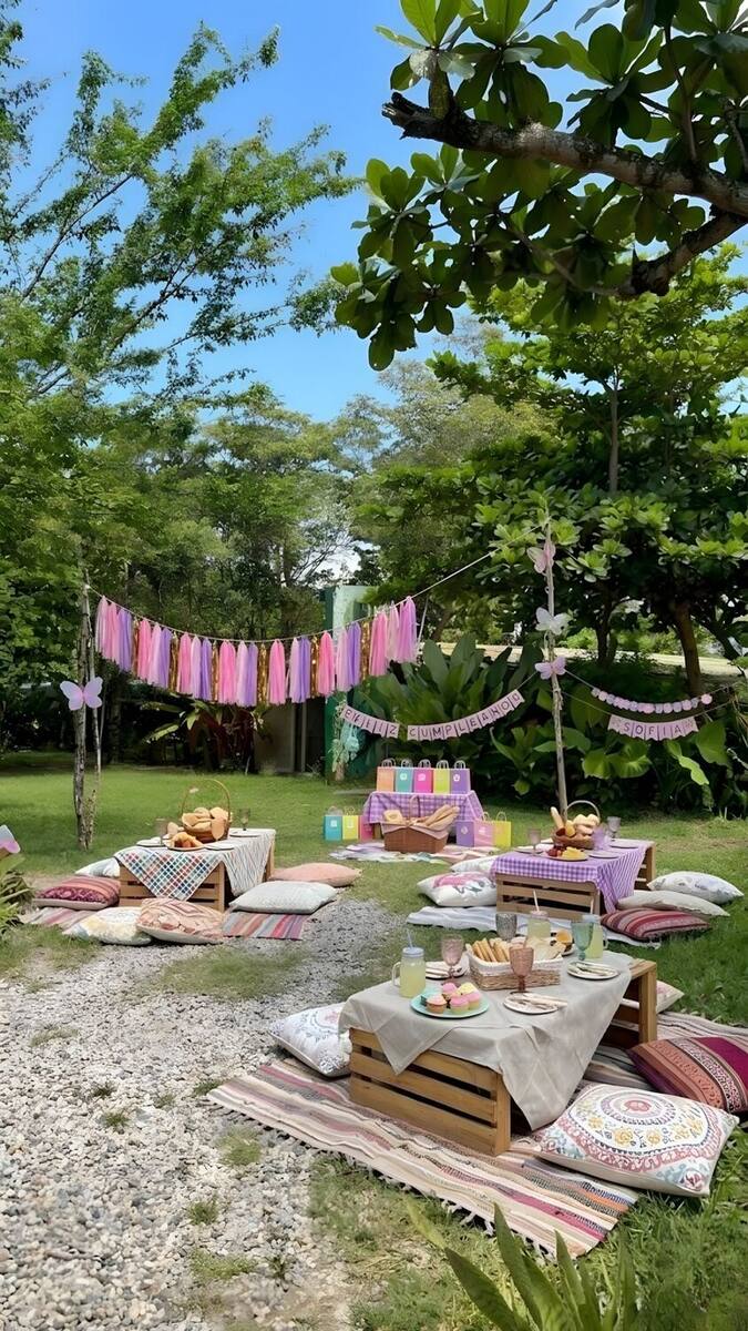 Wide view of the birthday picnic: three low crate tables with tablecloths and cushions spread across the grass and gravel, under pink fringe garlands.