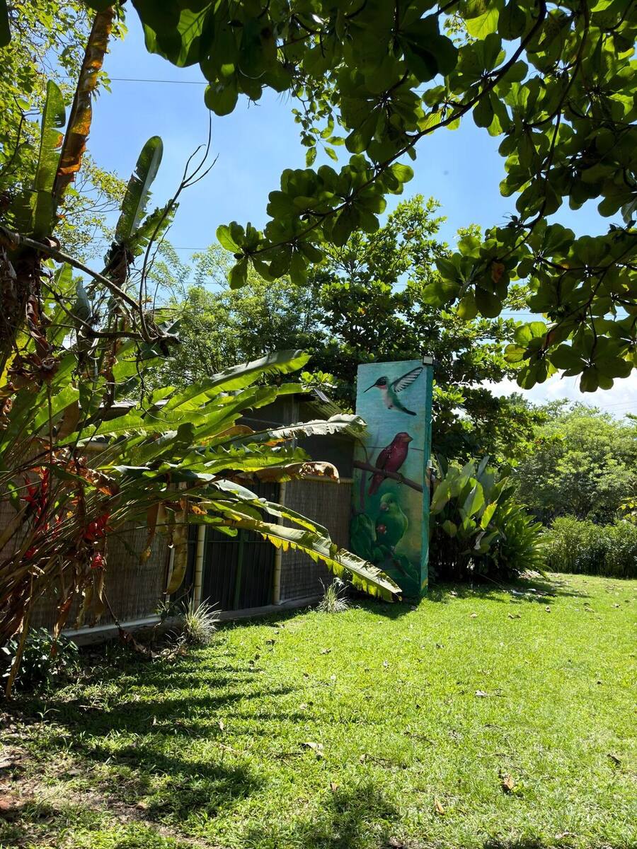 Panel pintado con aves del predio, apoyado sobre el césped junto a una construcción de caña: un colibrí en vuelo, una tángara roja posada en una rama y un perico verde entre hojas, sobre fondo turquesa, entre platanillos y heliconias.