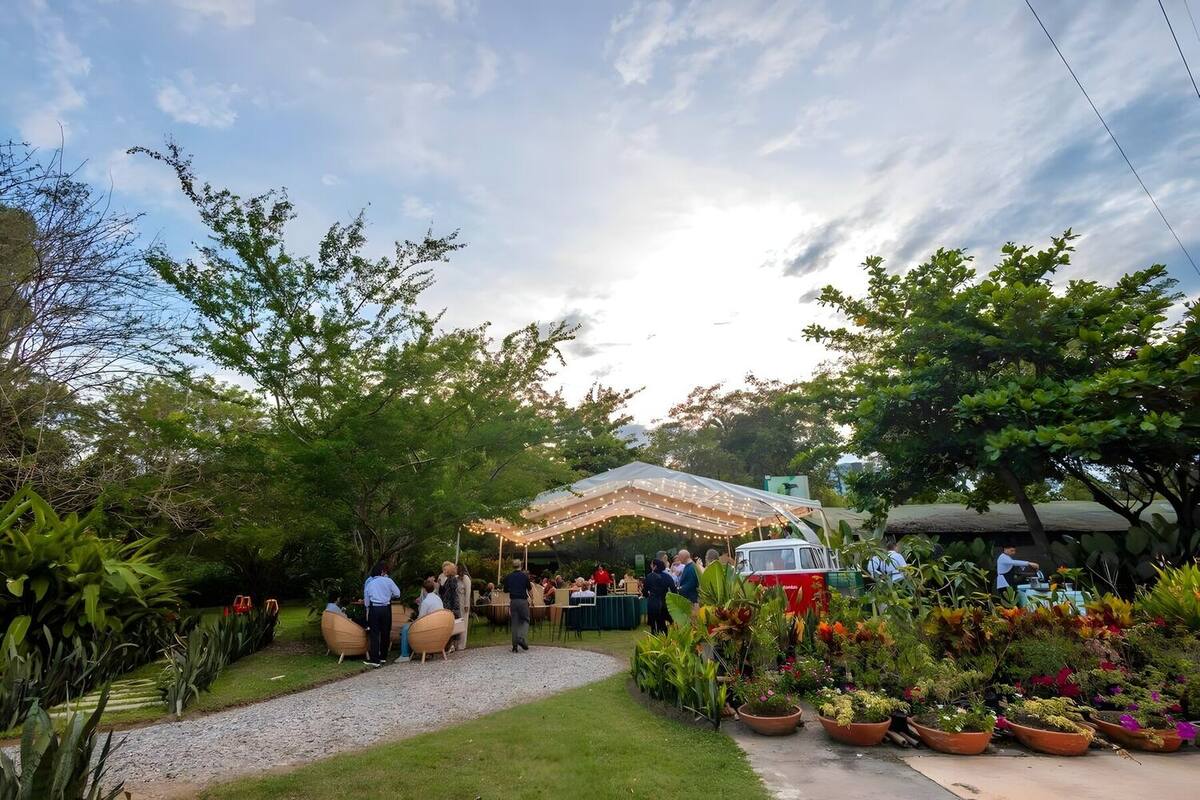 Sunset cocktail hour: guests standing under a tent with lights and a classic van-bar, at the end of a gravel path lined with flowering pots.