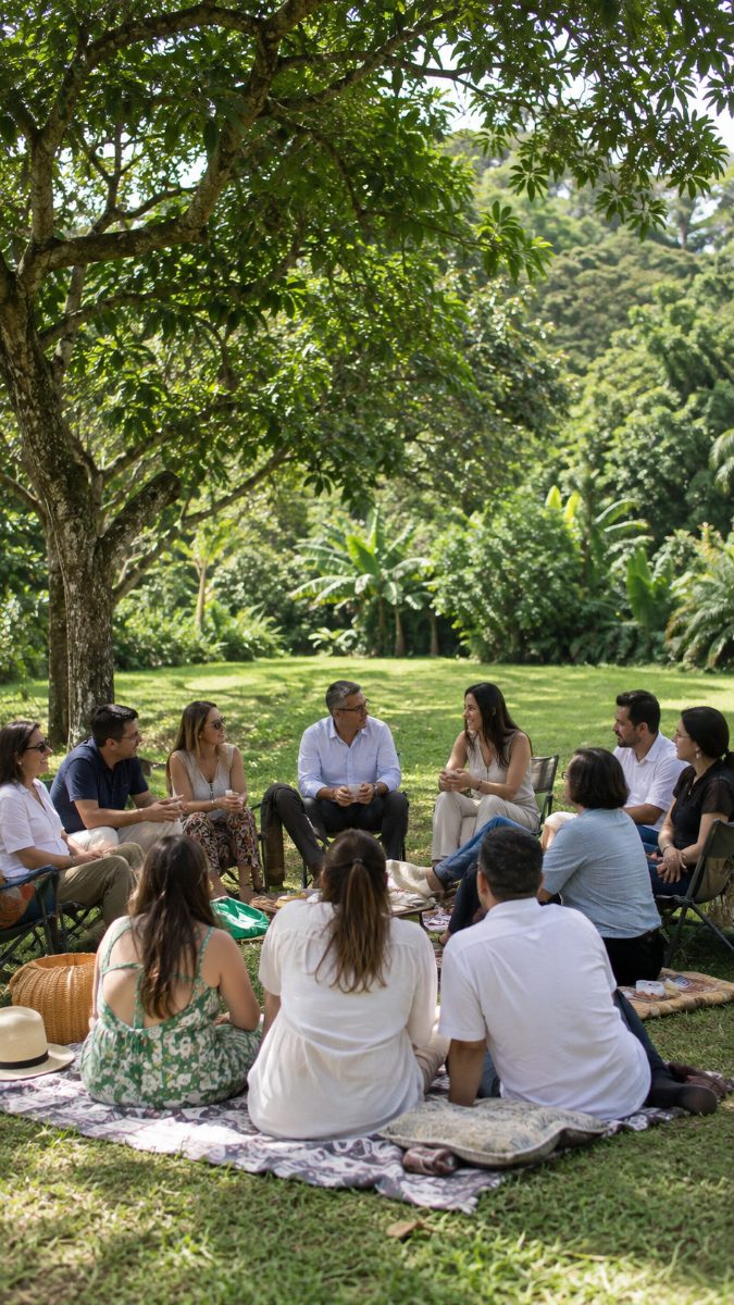 Encuentro de grupo sentado en círculo a la sombra en La Vega, al mediodía.