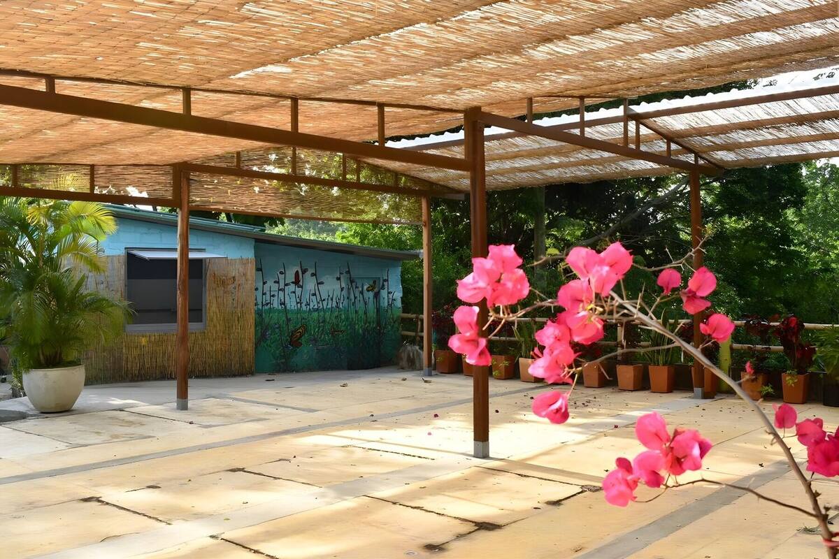 Concrete-slab terrace covered by a cane roof on wooden columns, with potted plants lined up, a pink bougainvillea branch in the foreground, and a mural of flowers and butterflies in the background.