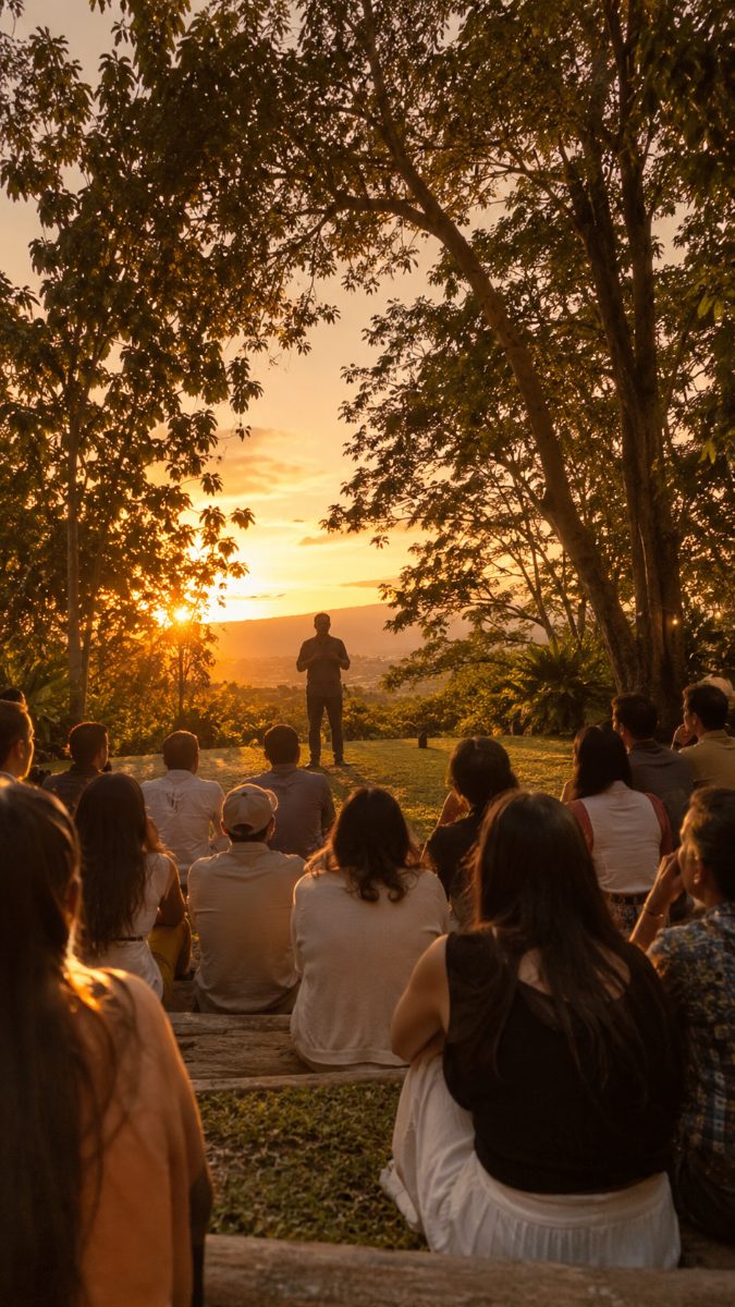 Público sentado frente a una función al atardecer en el Teatrino.