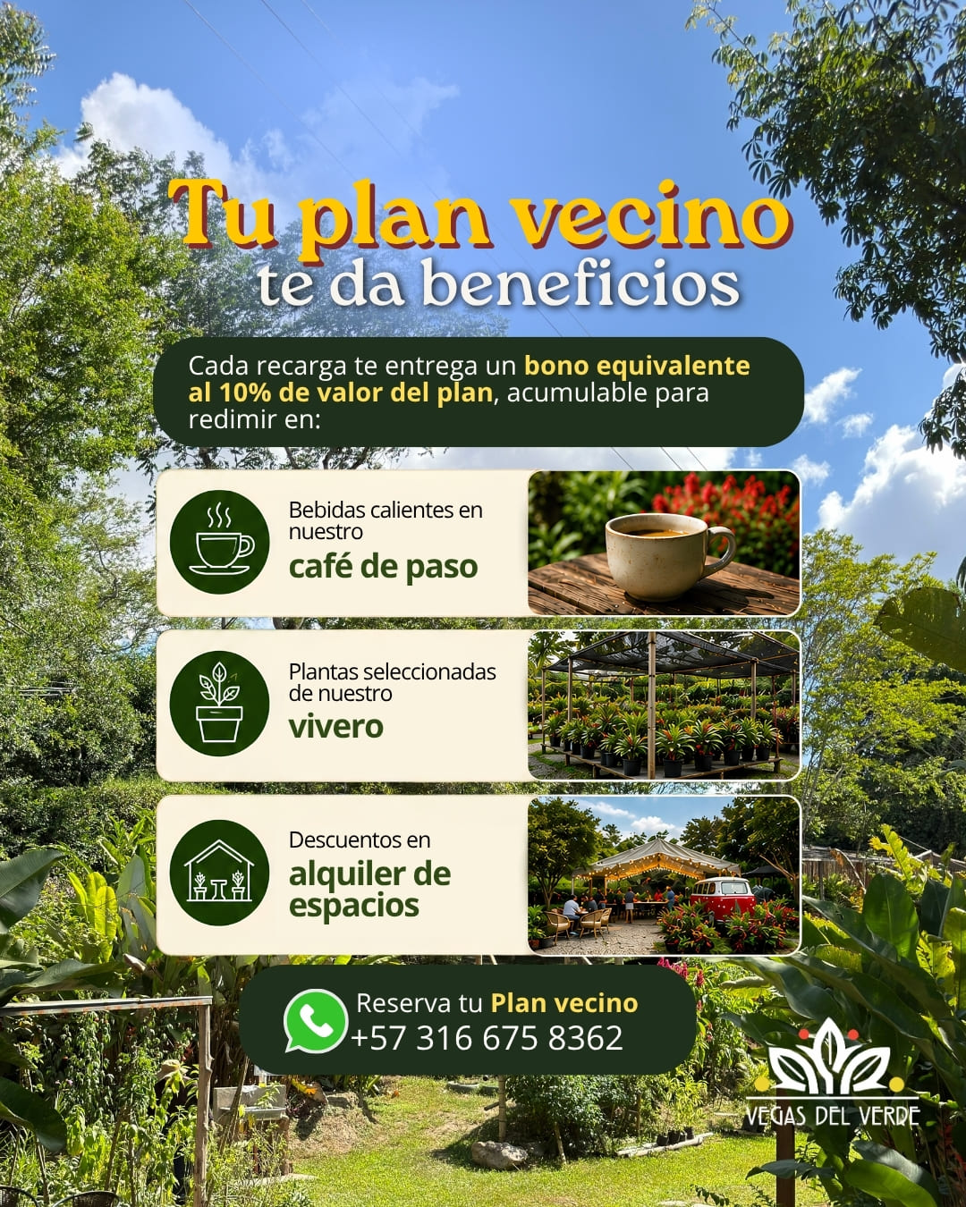El vivero y la zona verde al mediodía, con el cielo lleno de nubes.